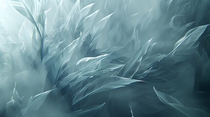 Abstract icy blue plant forms in fog.