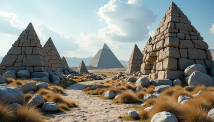 Stone structures in desert landscape