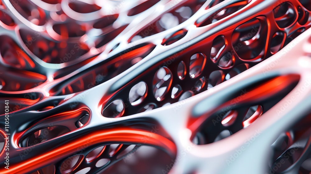 Poster a 3d render of a metallic structure with a pattern of curves and openings.