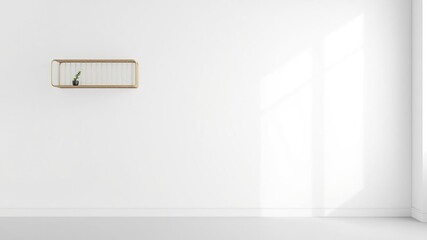 Empty white wall with a minimalist metal shelf and a small potted plant, empty walls, sparse decor