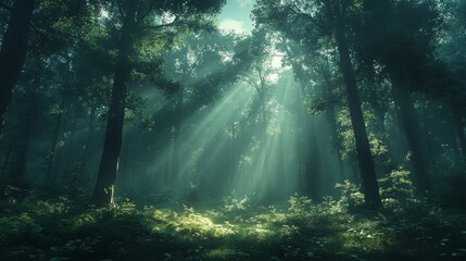 Fototapeta premium Sunbeams Piercing Through Forest Canopy