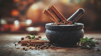 Cinnamon Sticks in Mortar with Evening Light