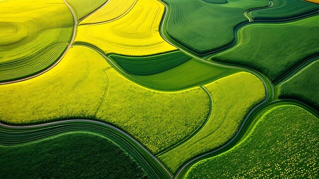 Top down view of green and yellow field in countryside.