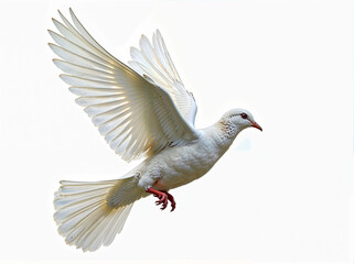 Fototapeta premium White dove in flight, isolated on a white background. Close-up.