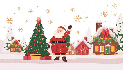 Santa Claus Christmas scene festive winter village snowflakes decorated tree presents snow-covered houses holiday celebration graphic design