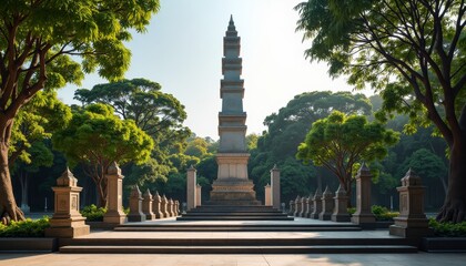 Statue in park with steps and columns