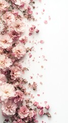 A smooth white background adorned with dusty pink flowers cascading down the left edge. The flowers transition from bold, layered blooms to a delicate sprinkle of petals at the base.