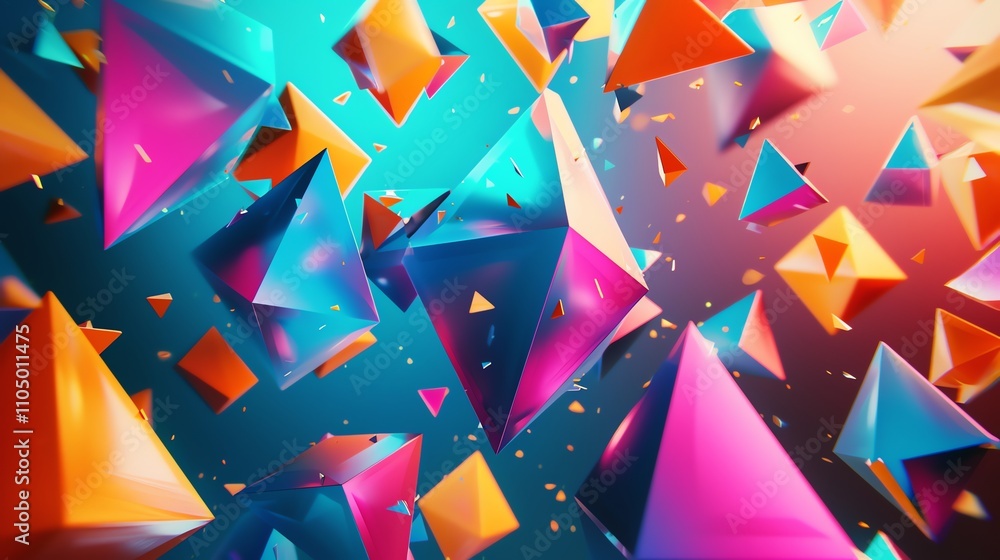 Poster a 3d rendering of colorful, geometric shapes in a digital abstract background.