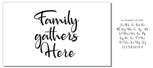 Family gathers here, Wording design, lettering, Family birds silhouettes on branch and heart illustration, artwork design, Modern poster in a frame