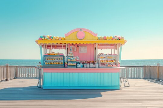 A brightly colored beachside food stand with various snacks and drinks on display.