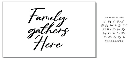 Family gathers here, Wording design, lettering, Family birds silhouettes on branch and heart illustration, artwork design, Modern poster in a frame