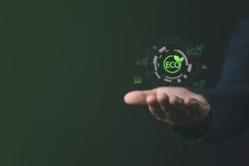 Certified eco products analyzed on a virtual screen as a businessman selects pollution-free items, driving sustainable solutions and ethical practices to save the planet