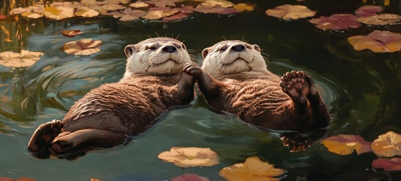 Two Otters Holding Paws in Autumn Lake