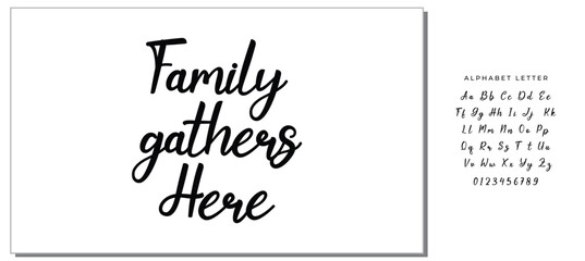 Family gathers here, Wording design, lettering, Family birds silhouettes on branch and heart illustration, artwork design, Modern poster in a frame