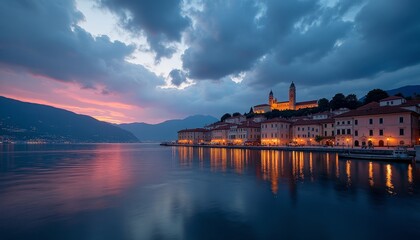 Fototapeta premium Sunset illuminates Italian lakeside village with warm hues