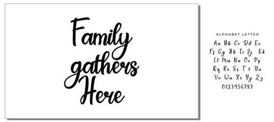 Family gathers here, Wording design, lettering, Family birds silhouettes on branch and heart illustration, artwork design, Modern poster in a frame