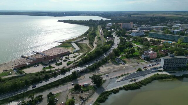 Eforie Nord , is an attractive travel destination for sea summer vacation on the Black Sea Coast , near Constanta City , Romania , Europe , aerial drone view.