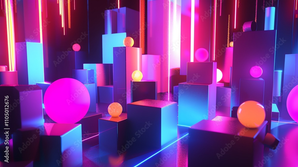 Poster a 3d abstract background with glowing neon lights and geometric shapes.