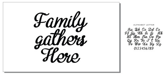 Family gathers here, Wording design, lettering, Family birds silhouettes on branch and heart illustration, artwork design, Modern poster in a frame