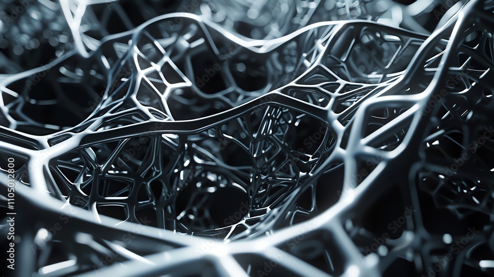 Poster a 3d rendering of a complex, interwoven metallic structure.