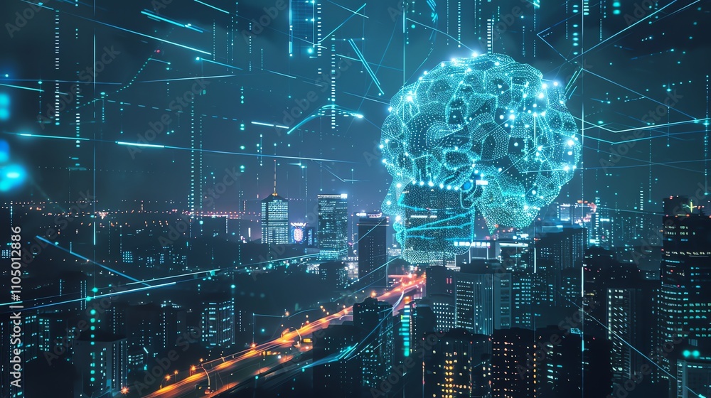 Poster a digital rendering of a brain hovering over a cityscape at night, with lines connecting to the buil