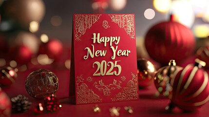 A stunning red card displaying "Happy New Year 2025" in gold, enhanced with Chinese tassel motifs Set on a red tablecloth the card modern design is captured in sharp 3D detail, its elegant positioning