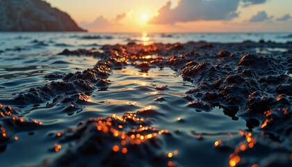 Obraz premium Sunset over the ocean with shimmering surface and distant rocks