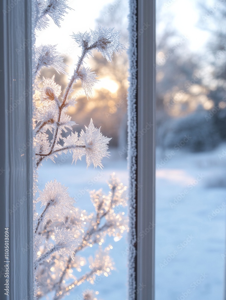 Poster morning frost intricate ice patterns on a window illuminated by soft winter light