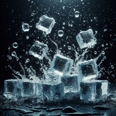 ice cubes with water particles splash in motion air, on black background for overlay
