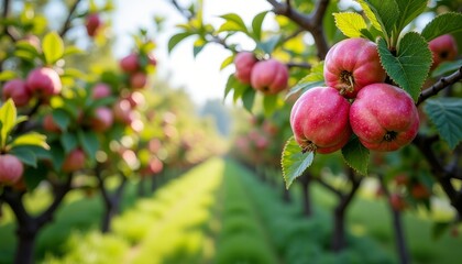 A row of apple trees with red apples and green leaves, taken during the day