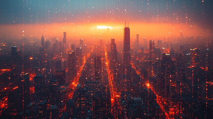 Fototapeta premium Dramatic cityscape at sunset with glowing lights and falling rain, blurred urban view