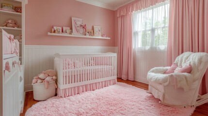 A thoughtfully designed nursery featuring light pink walls and white VJ panels. The centerpiece is a white crib with striped bedding, paired with a fluffy pink rug and rocking chair.