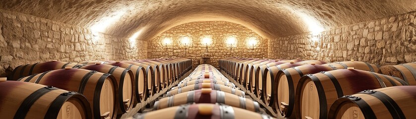 Rows of aged wine barrels in a cool underground cellar, surrounded by stone walls, with warm lighting casting a serene and historic atmosphere