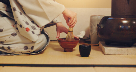 Hands, Japanese and tea ceremony for culture, heritage and respect as traditional beverage. Person,...