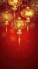 A vertical Chinese New Year poster featuring a deep red background illuminated by radiant golden fireworks. Ornate golden lanterns hang gracefully, complemented by elegant Chinese characters