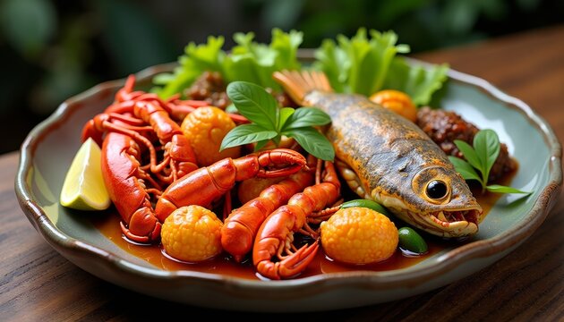 A dish of seafood with a fish, red shrimp, lemon, and vegetables on a wooden table