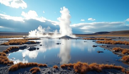 Geyser eruption in wilderness with reflection on water surface