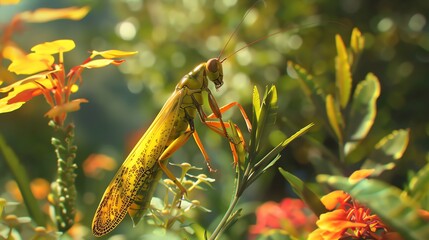 A yellow grasshopper sits on a green plant.