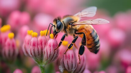 Fototapeta premium A close-up of a honeybee pollinating a pink flower.