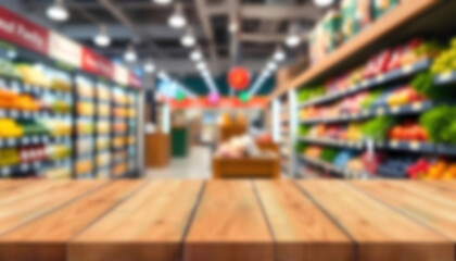 Obraz premium Wood-table-top-with-supermarket-grocery-store-blur 