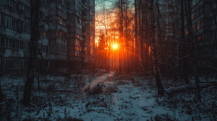Fototapeta premium Winter urban scene with sun rays breaking through bare trees, surrounded by snow and abandoned buildings