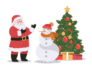Santa with snowman and Christmas tree festive scene with gifts snowman in scarf and hat decorated tree with ornaments holiday theme
