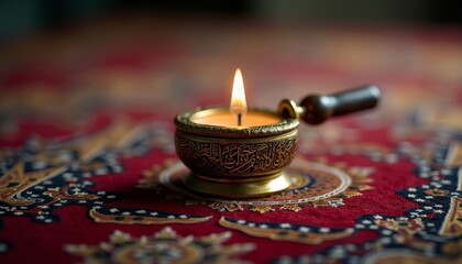Golden candle holder on tablecloth