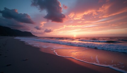 Fototapeta premium Sunset at the beach with pink clouds and ocean waves