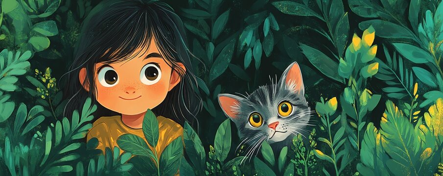 A cartoonstyle illustration of a curious girl and kitten peeking from behind green foliage, with bright colors and a fun, adventurous tone in a forest setting