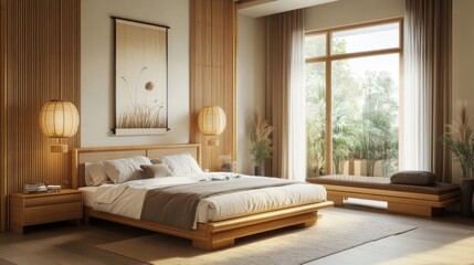 Fototapeta premium Serene Japanese-Inspired Bedroom Design