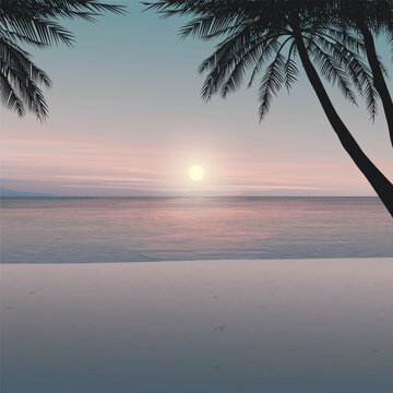 Minimalist sunset seascape with silhouetted palm trees and twilight sky square background graphic illustration have blank space.