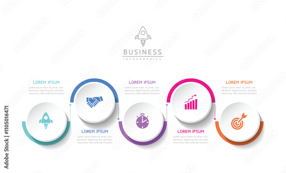 Poster vector infographic business presentation template with circular interconnection with 5 options.