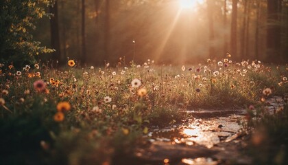 Raindrops on grass and window under sunlight in a serene forest landscape
