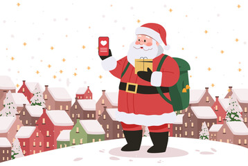 Santa Claus holding smartphone gift box snowy village background Christmas theme winter scene digital art